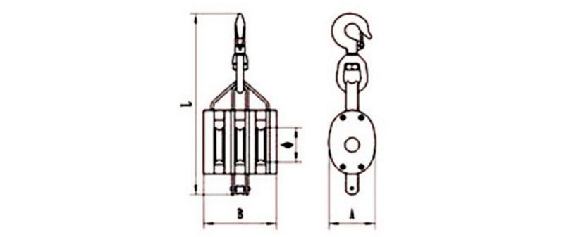 CLGR® Regular Wood Block Triple Sheave with Swivel Hook Diagram