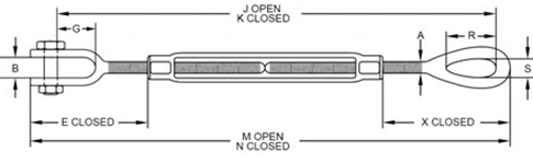 Drawing of CLGR® Galvanized Turnbuckle Jaw & Eye LHG-227 US Fed. Spec.