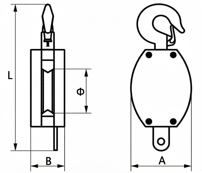 Drawing of CLGR® JIS Wood Pulley Single Sheave With Hook 