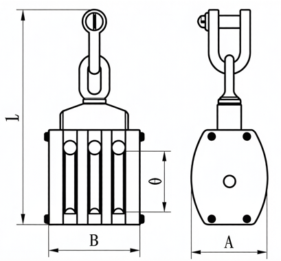 Drawing of CLGR® JIS Ship Wooden Block With Shackle Triple Sheave 