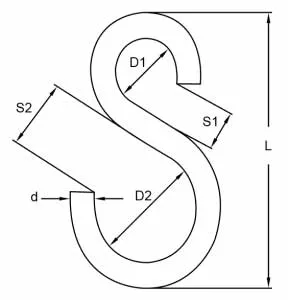 Drawing of CLGR® Wide S Hook Asymmetric Stainless Steel Drawing of CLGR® Wide S Hook Asymmetric Stainless Steel