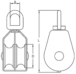 Drawing of CLGR® Stainless Steel Swivel Eye Double Wheel Pulley Block Drawing of CLGR® Stainless Steel Swivel Eye Double Wheel Pulley Block