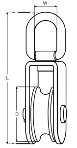 Drawing of CLGR® Flat Swivel Eye Pulley With Safety Pin Single Sheave Stainless Steel