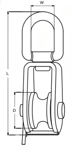 Drawing of CLGR® Swivel Eye Pulley With Safety Pin Single Sheave Stainless Steel